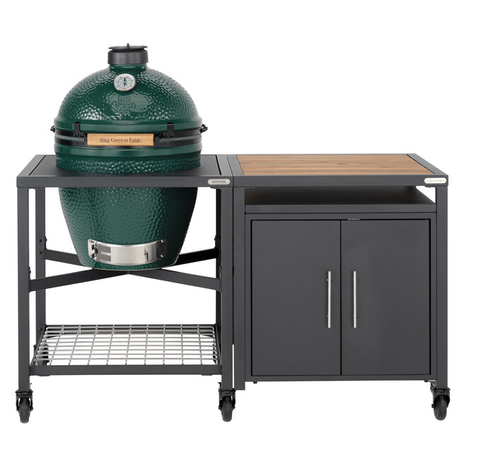 Big Green Egg Large met EGG frame en Expansion Cabinet met Acacia Wood Insert1