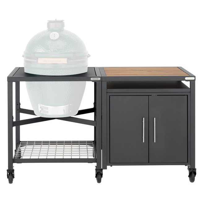 Big Green Egg Large met EGG frame en Expansion Cabinet met Acacia Wood Insert1 kopie